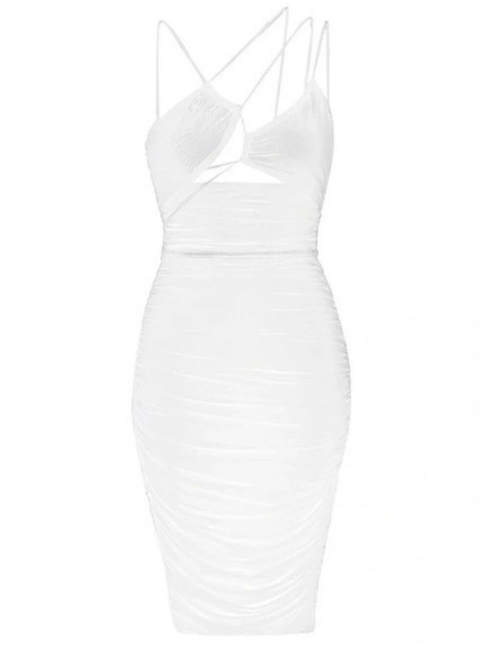 NWT L'EAU White Sequl Strap Ruched Mesh Midi Bodycon Dress